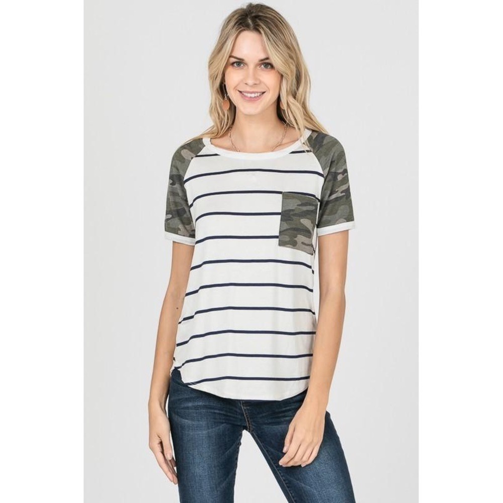 Striped Camo Front Pocket Top